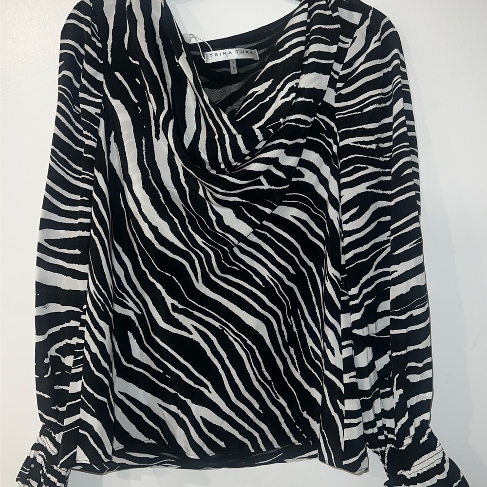 New TRINA TURK 100% Silk Zebra Print Kyoko Top Blouse Small Drape Neck MSRP $276 - Picture 2 of 6
